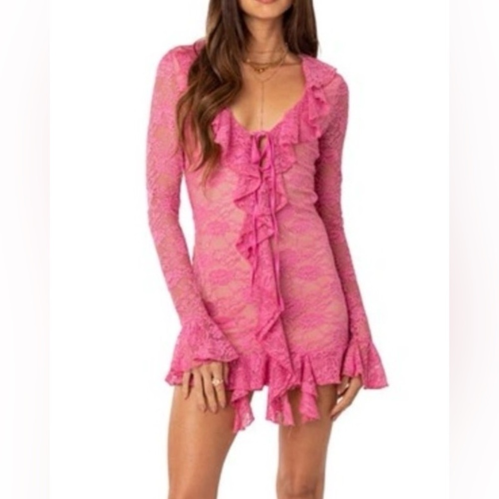 NWT Edikted Pink Lace Josephine Ruffle Mini Dress, Size Medium